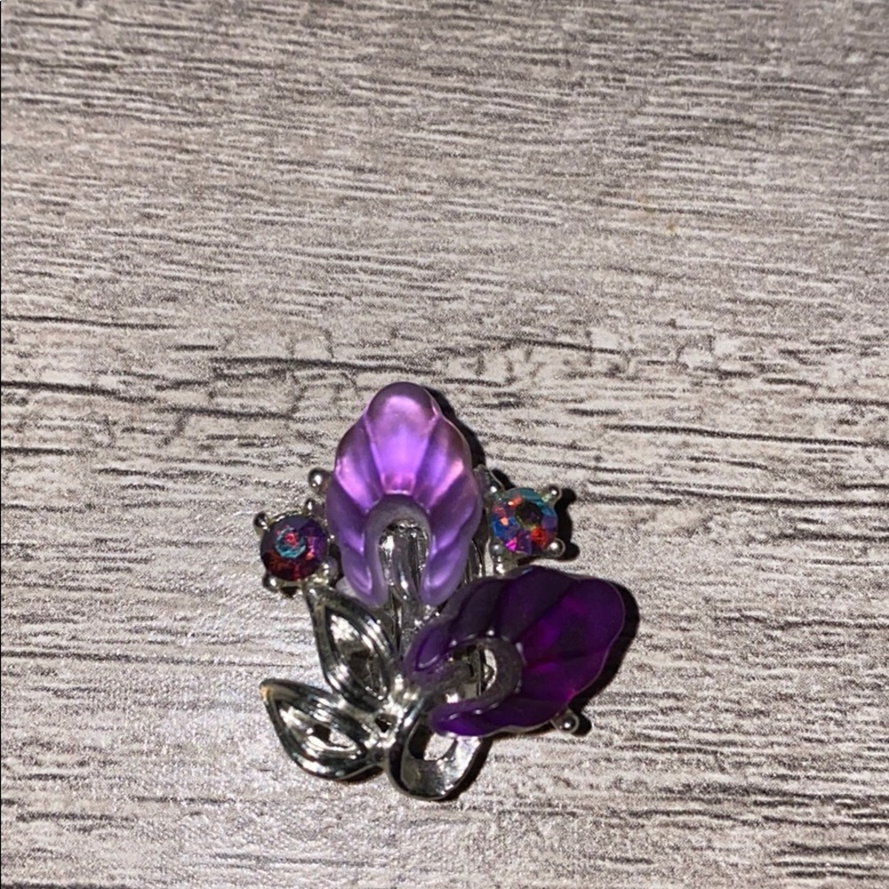 Purple With Crystals Silver Tone Clip On Earring